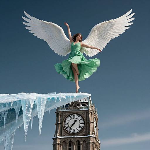 Photograph of a fair-skinned woman with white angel wings, wearing a flowing green dress, standing on an ice-covered clock tower against a clear blue