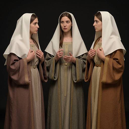 Photograph of three young women in medieval-style robes and white wimples, standing against a black background, hands clasped, gazing forward.