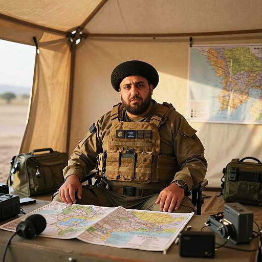 Photograph of a serious, bearded male soldier in tan camouflage uniform and black beret, sitting in a tent with a map and papers on a
