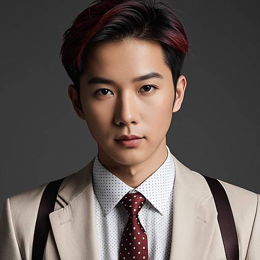 Asian Male Model in Beige Blazer and Polka Dot Tie