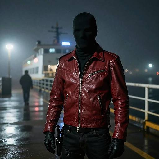 Nocturnal Vigilante in Leather Jacket at Ferry Terminal