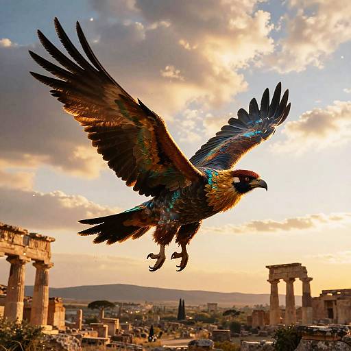 Majestic Mythical Bird Over Ancient Ruins