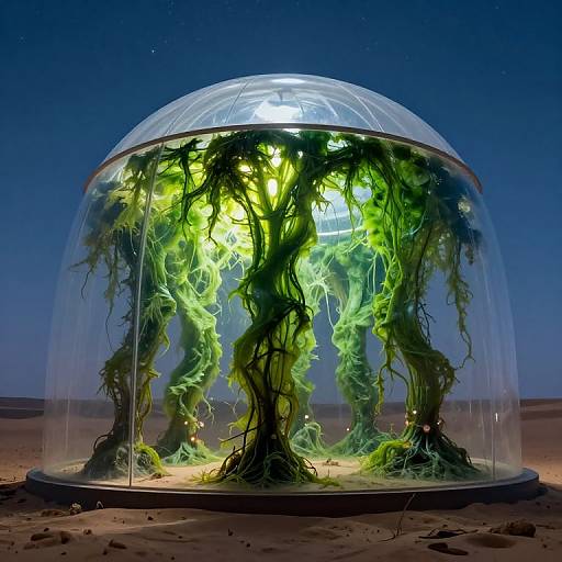 Photograph of a glowing, green, tentacled plant-like creature inside a clear dome on a desert night, illuminated by a full moon.
