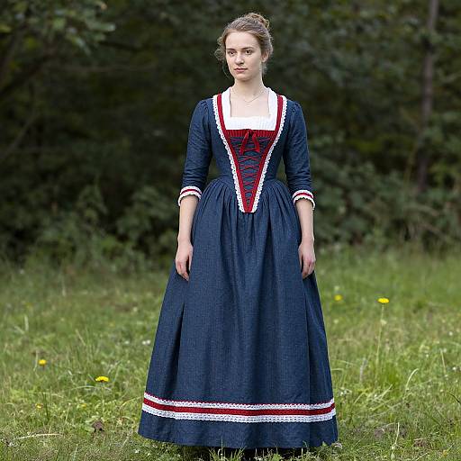 Photograph of a young woman with light skin and brown hair in a dark blue, long-sleeve, traditional dress with white and red trim,