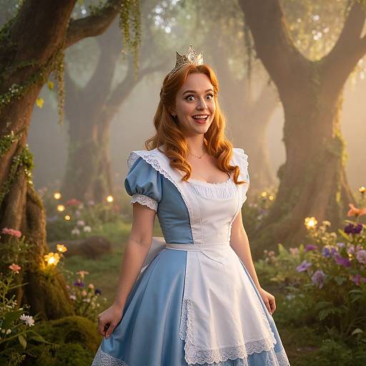 Photograph of a smiling red-haired woman in a blue and white Cinderella-style dress with lace trim, wearing a silver tiara, standing in a