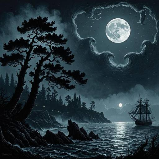 Mystical Night Harbor with Kraken and Full Moon