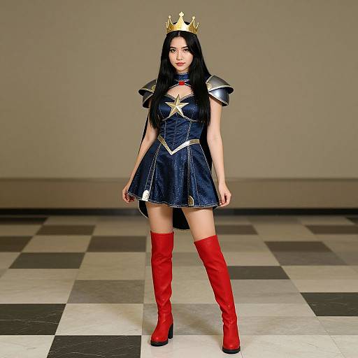 Photograph of a young woman with long black hair, wearing a gold crown, dark blue dress with gold accents, red thigh-high boots, and silver