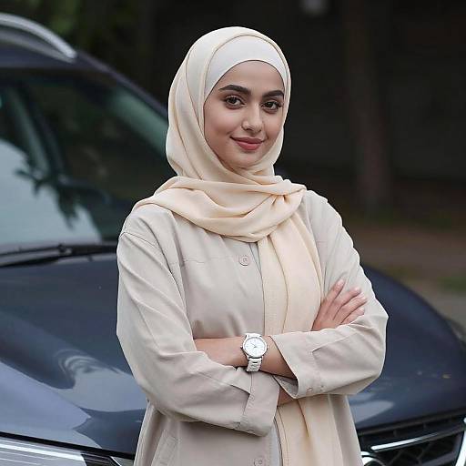 Young Woman in Beige Hijab by Car