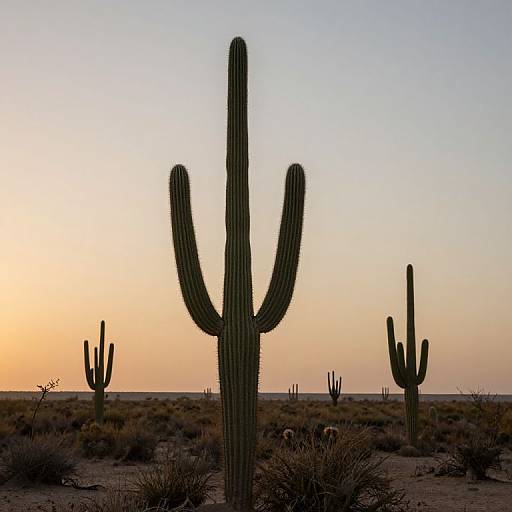 Photograph of a desert landscape at sunset, featuring a large, central saguaro cactus with three arms, surrounded by smaller cacti and