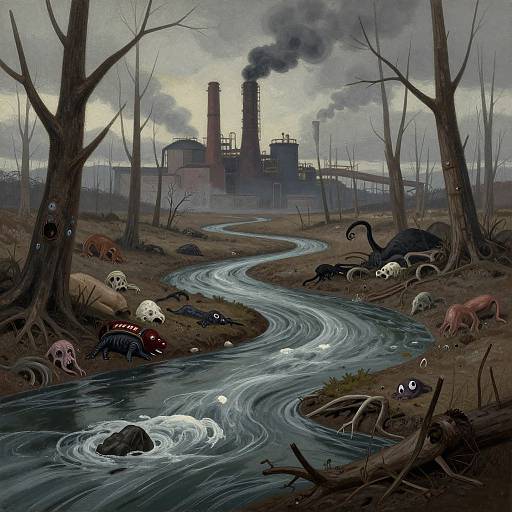 Digital illustration: Twisted, grotesque creatures with varied colors and shapes lurk in a winding, blue-tinted river, leading to a polluted