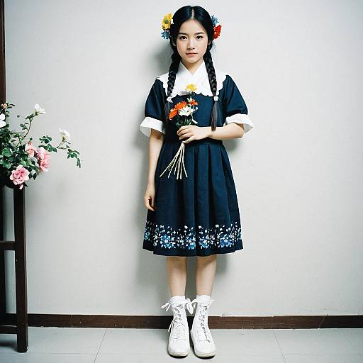 Young Asian Girl in Traditional Dress with Flowers