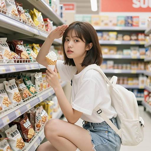 Young Woman Holding Ice Cream Cone in Grocery Store