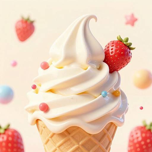 Photograph of a swirled white cupcake topped with a red strawberry, surrounded by blurred strawberries on a bright white background.