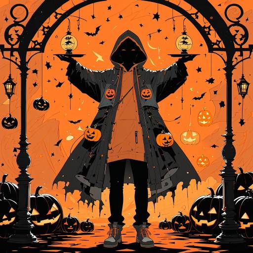 Mysterious Figure Surrounded by Jack-o'-lanterns Mysterious Figure Surrounded by Jack-o'-lanterns