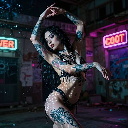 Tattooed woman in black lingerie poses seductively under neon lights in a gritty, urban alley, surrounded by graffiti and signs. Photographic