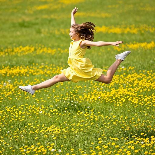 Photograph of a young girl with brown hair, wearing a yellow dress and white sneakers, mid-air leap in a vibrant yellow and green meadow.