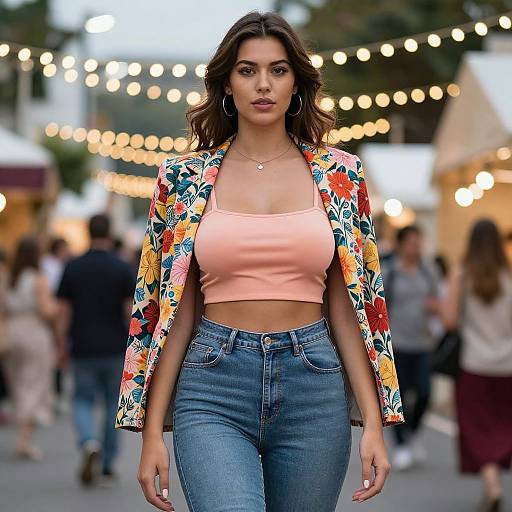 Photograph of a confident woman with medium skin tone, brown wavy hair, wearing a pink crop top, floral jacket, and high-waisted