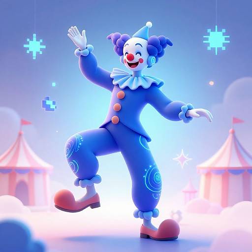 Digital 3D cartoon of a blue jester with white face, red nose, and jester hat, waving, surrounded by glowing blue snowfl