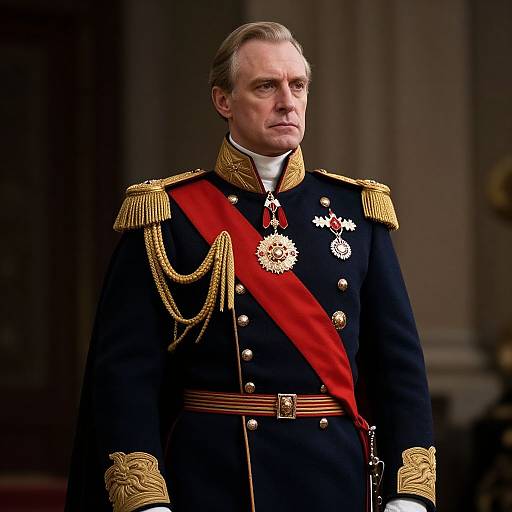 Photograph of a middle-aged white man in an ornate, dark navy military uniform with gold epaulettes, red sash, and medals