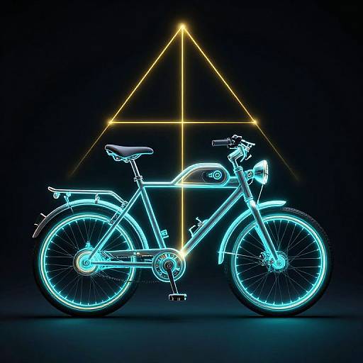Neon-lit bicycle silhouette with glowing blue lines, positioned under a golden triangle against a black background. Digital artwork.