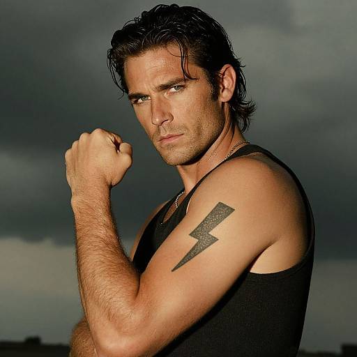Photograph of a muscular, dark-haired man with a lightning bolt tattoo on his right arm, wearing a black tank top, clenched fist, intense