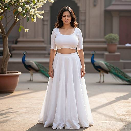 Photograph of a dark-haired woman in a white crop top and full skirt standing outdoors, flanked by peacocks, with a blooming tree