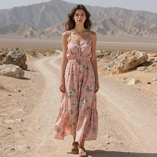 Woman in Pink Floral Dress on Desert Path