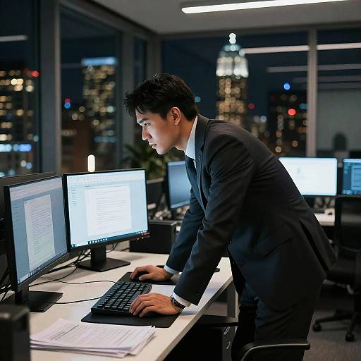 Photograph of a focused Asian man in a black suit typing at multiple computer screens in a modern, nighttime office with city lights in the background.