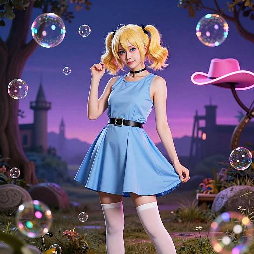 Digital artwork of a blonde girl in blue dress, white stockings, and black choker, blowing bubbles in a magical twilight garden.