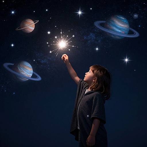 Photograph of a young girl with brown hair in a dark outfit, reaching up to touch a bright star in a cosmic night sky with three glowing planets