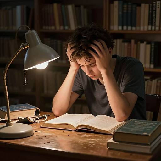 Photograph of a young man with curly hair, wearing a dark shirt, sitting at a wooden desk, hands on head, studying under a bright lamp