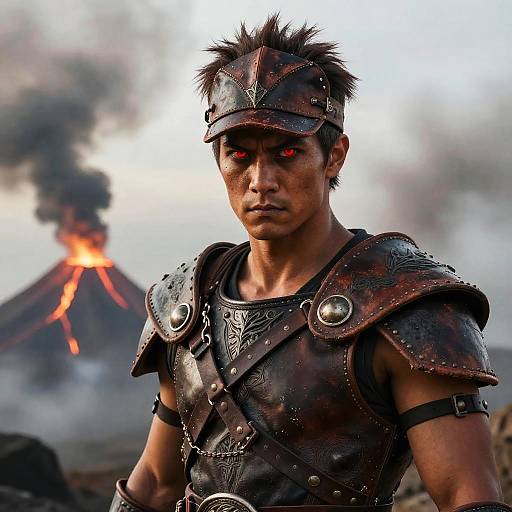 Photograph of a stern, armored warrior with red eyes, spiked helmet, and dark leather armor, standing before a volcanic eruption.