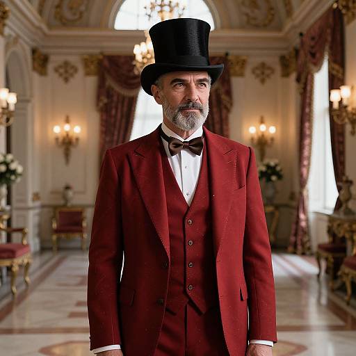 Photograph of a middle-aged white man with a gray beard, wearing a black top hat and red velvet three-piece suit, standing in a luxurious,