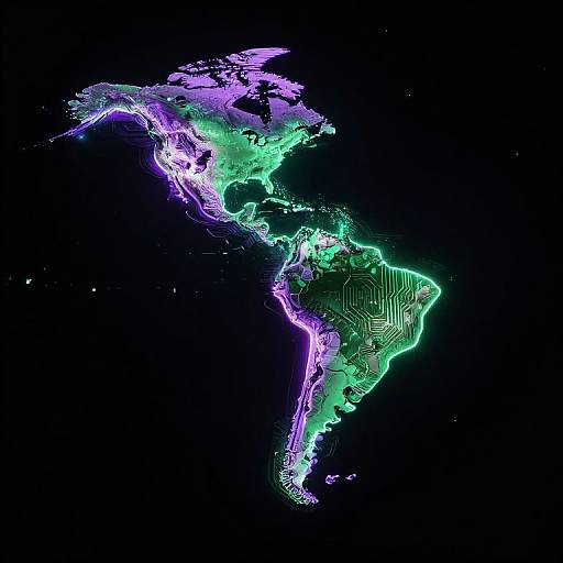 Digital map of the Americas in neon green and purple, with intricate grid lines, set against a black background.