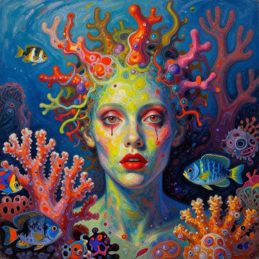 Vibrant digital painting of a woman with colorful coral and fish on her head, set against a deep blue underwater background. Bright colors, surreal style
