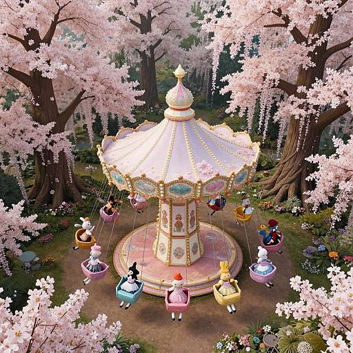 Digital painting of a colorful carousel with six children in pastel dresses, surrounded by blooming cherry blossoms in a forest.
