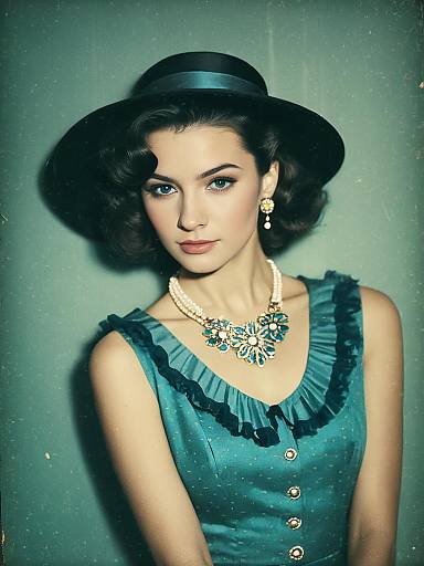 Vintage Style Woman in Blue Dress and Black Hat
