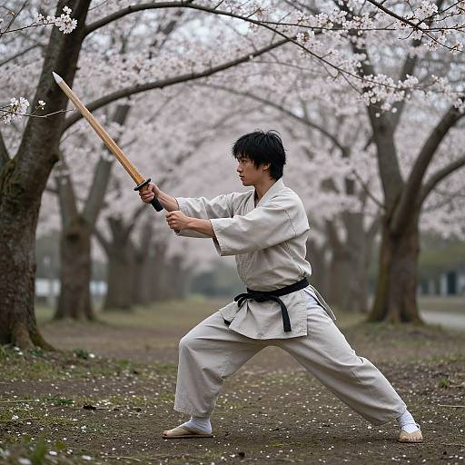 Photograph of an Asian man in a white karate gi and black belt, practicing a katana stance under blooming cherry blossoms.