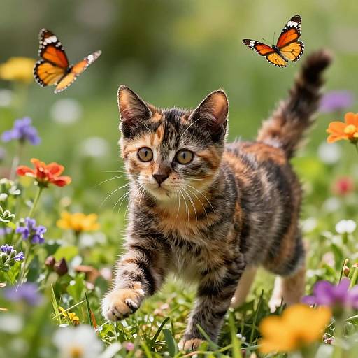 Photograph of a curious, orange and black tabby kitten with wide eyes, running through a colorful, sunlit meadow filled with flowers, with