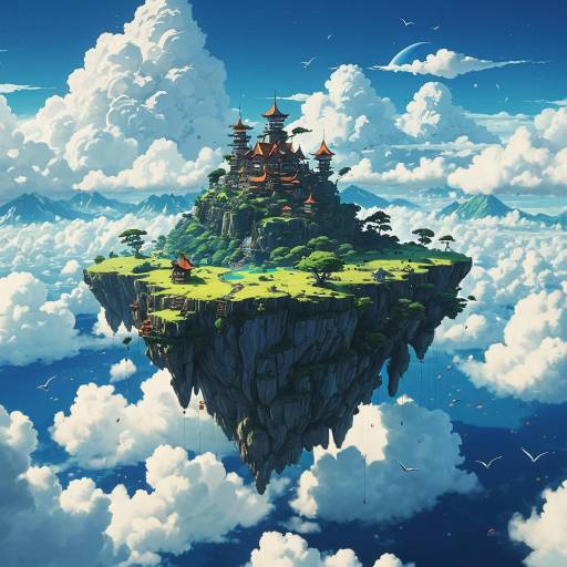 Whimsical Flying Islands in Anime Style