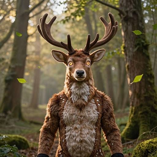 Photograph of a realistic, anthropomorphic deer with glowing orange eyes, large antlers, and detailed fur, standing in a sunlit forest with moss