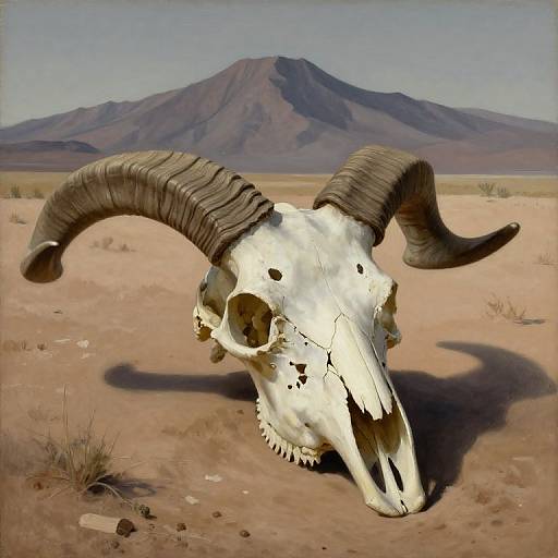 Photograph of a bleached, skeletal ram skull with large, curved horns in a desert landscape, with a mountain in the background.