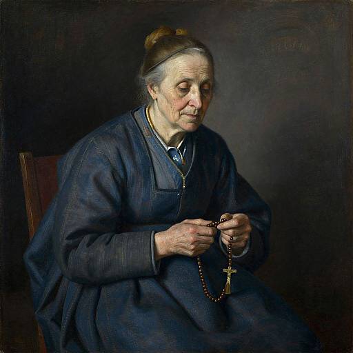 Photorealistic oil painting of an elderly nun with pale skin, gray hair in a bun, wearing a dark blue habit, holding a rosary,