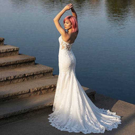 Bride in Lace Wedding Dress by Water