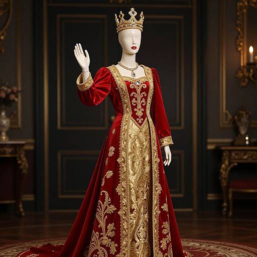 Photograph of a white mannequin in a regal, red velvet gown with gold embroidery, wearing a gold crown, waving in an ornate