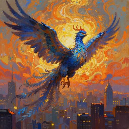 Majestic Phoenix Soaring Over Sunset City