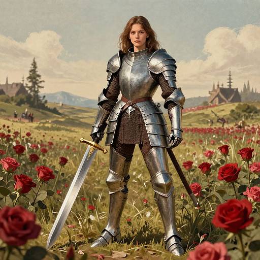 Photorealistic digital painting of a long-haired, young armored knight with a sword, standing in a red rose field, with a castle in the background