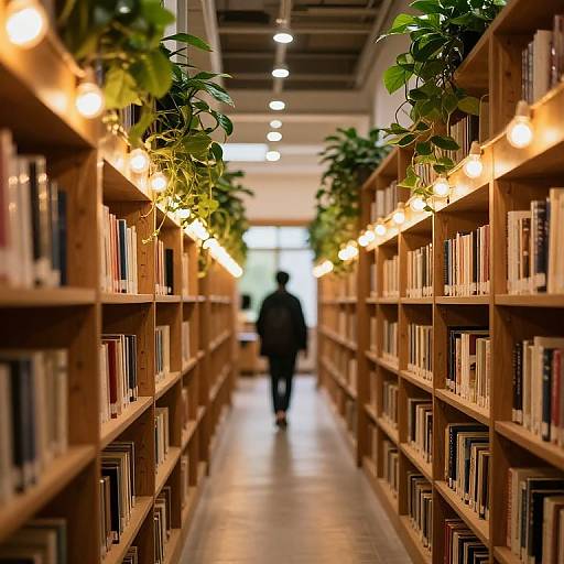 Photograph of a narrow library aisle with wooden bookshelves, lit by warm string lights and green potted plants, leading to a blurred figure in