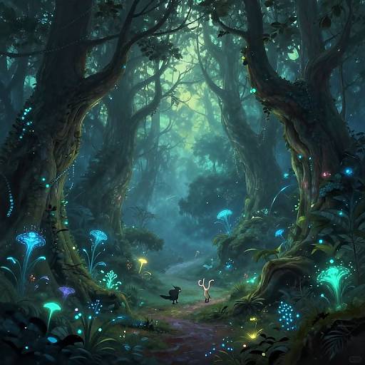Fantasy forest illustration: Two small, glowing creatures walk a mystical path through towering trees, surrounded by bioluminescent mushrooms and ethereal light.