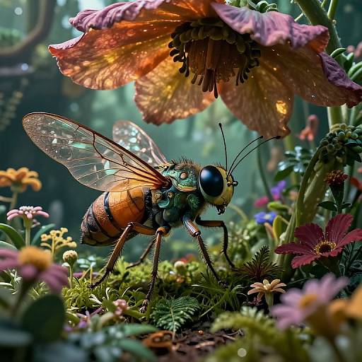 Photorealistic CGI of a vibrant, detailed honeybee with translucent wings standing on colorful, lush flowers under a glowing, oversized flower.